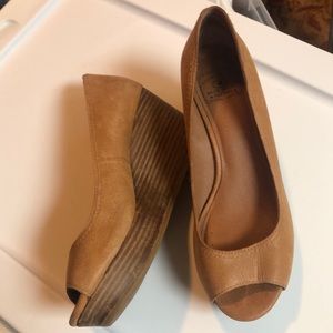 Lucky Brand Leather Wood Sole Wedges Cognac Size 8